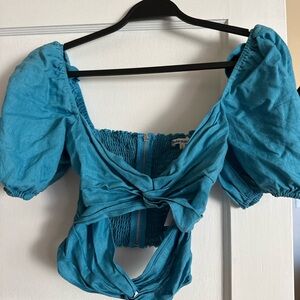 Reformation Teal Puff Sleeve Crop Top